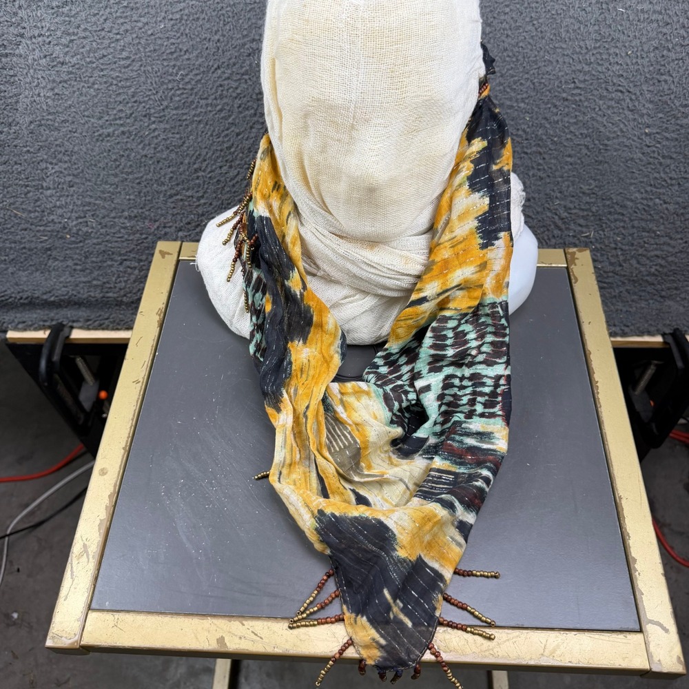 Collection Eighteen Women Yellow Black Ikat Beaded Fringe Lurex Cotton Scarf